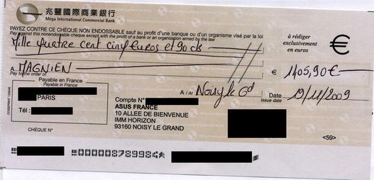 ASUS : cheque de 1405,90 euros
